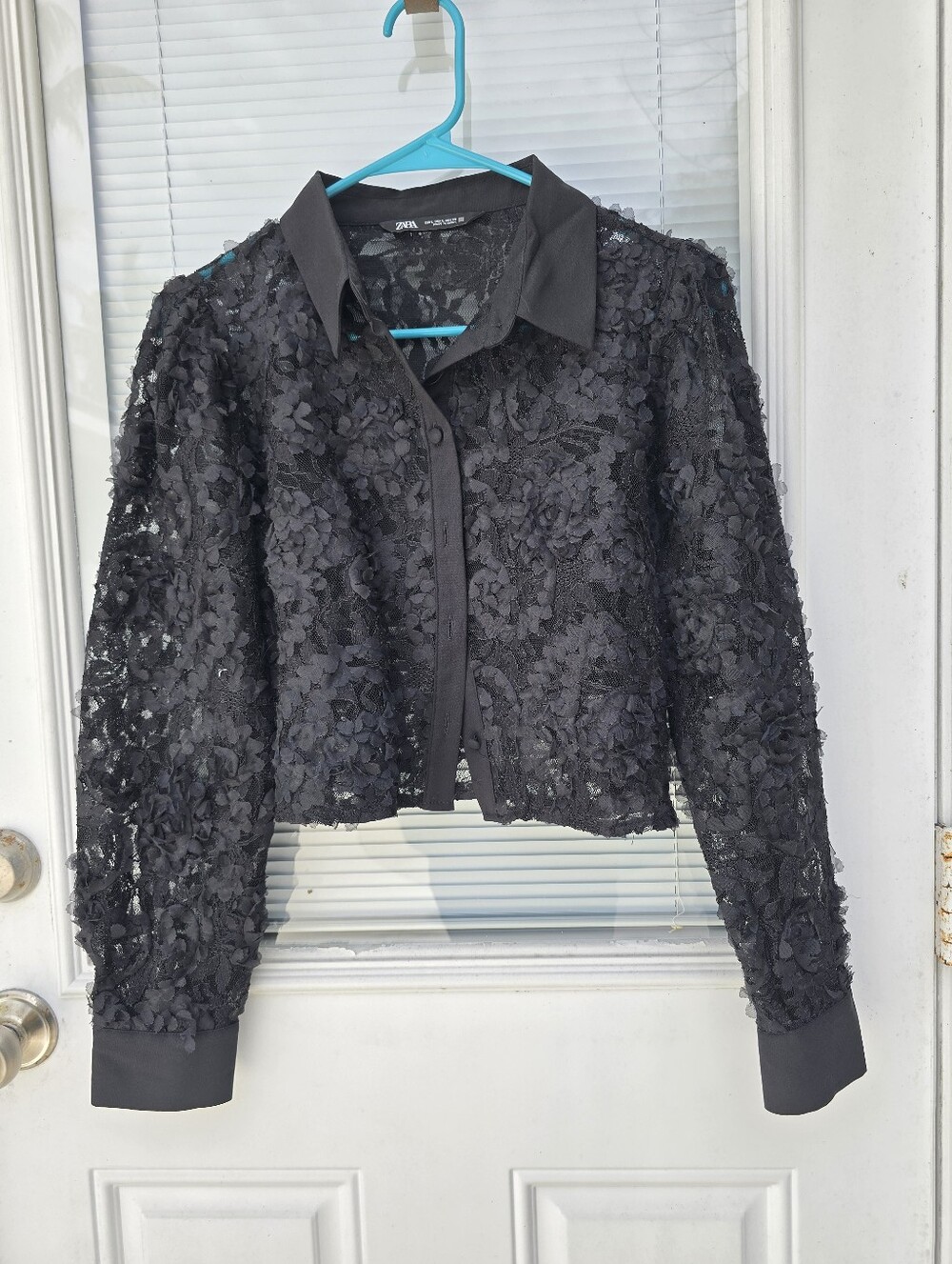 Zara Black Floral Lace Button-Front Blouse